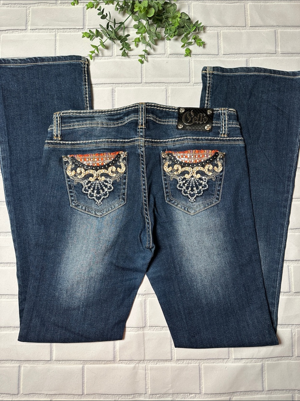 Cello Women's Dark Blue Boot Cut Jeans with Embellished Back Pockets Sz 11